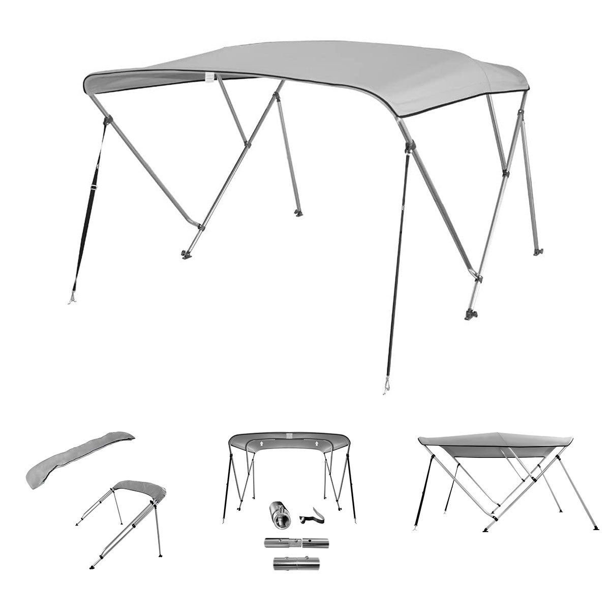3 Bow Bimini Top Gray with Rear Support Poles - East Captain