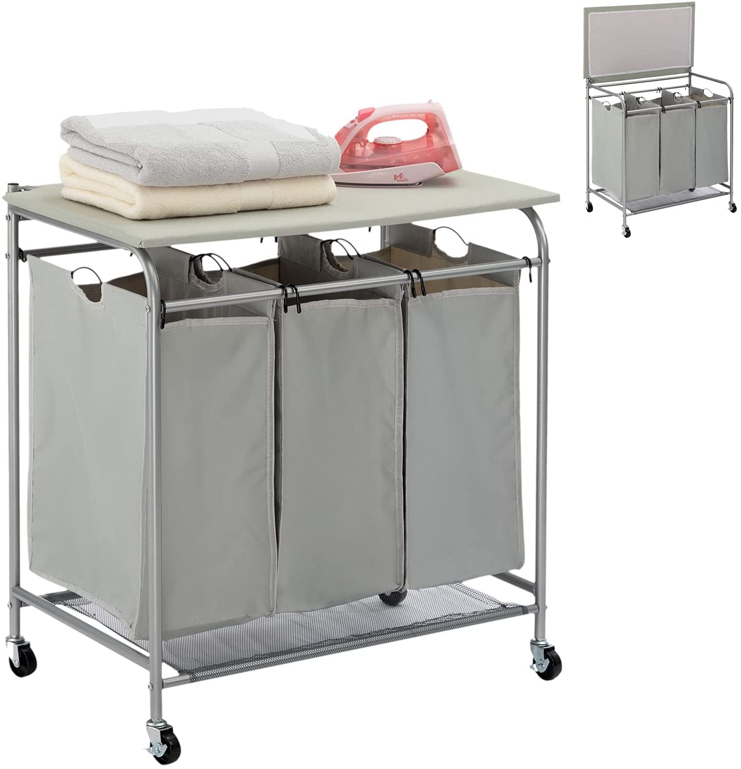 Laundry Sorter Cart with Ironing Board Gray - East Captain